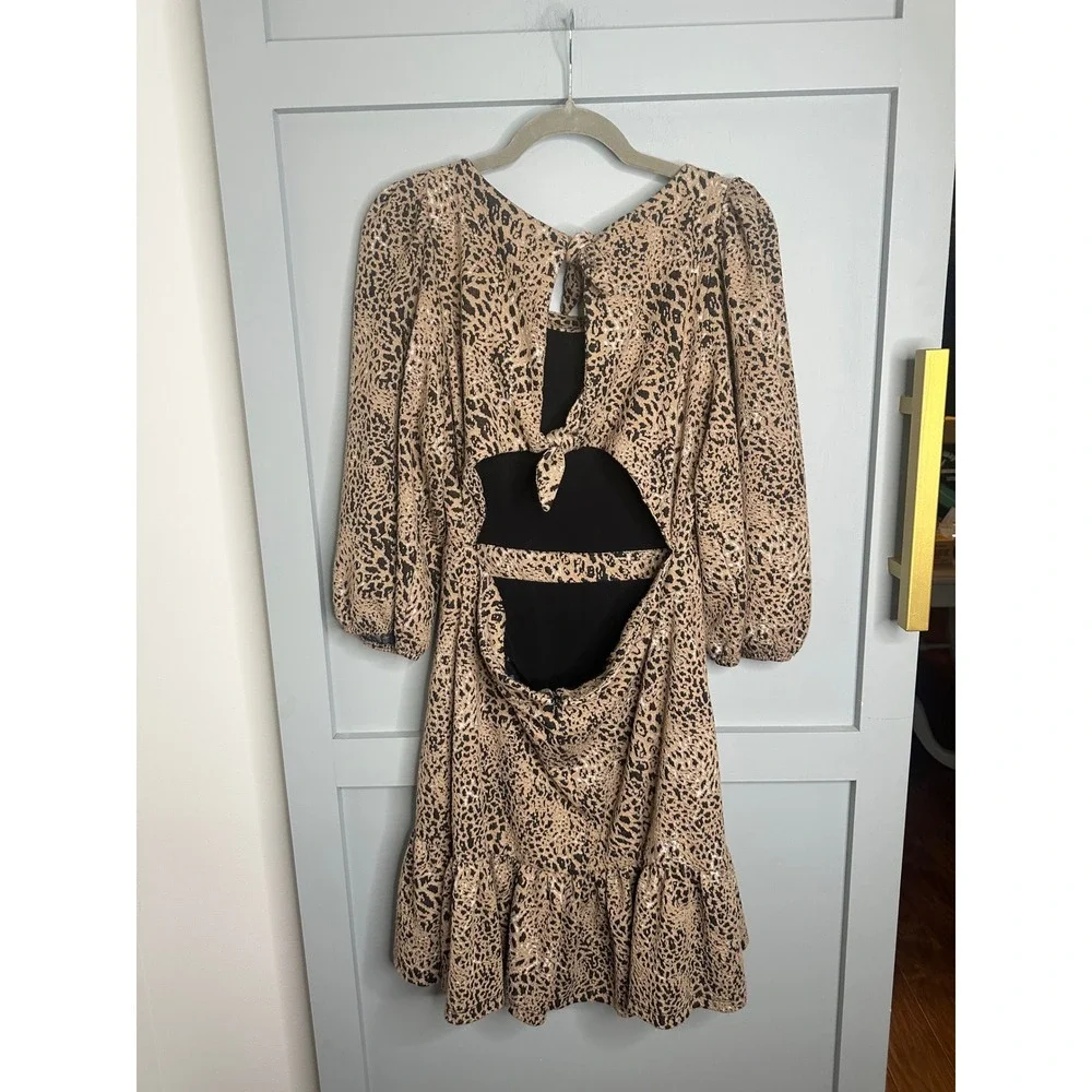 Maeve Anthropologie Leopard Print Puff Sleeve Cutout Back Dress Tan Black Sz 16
